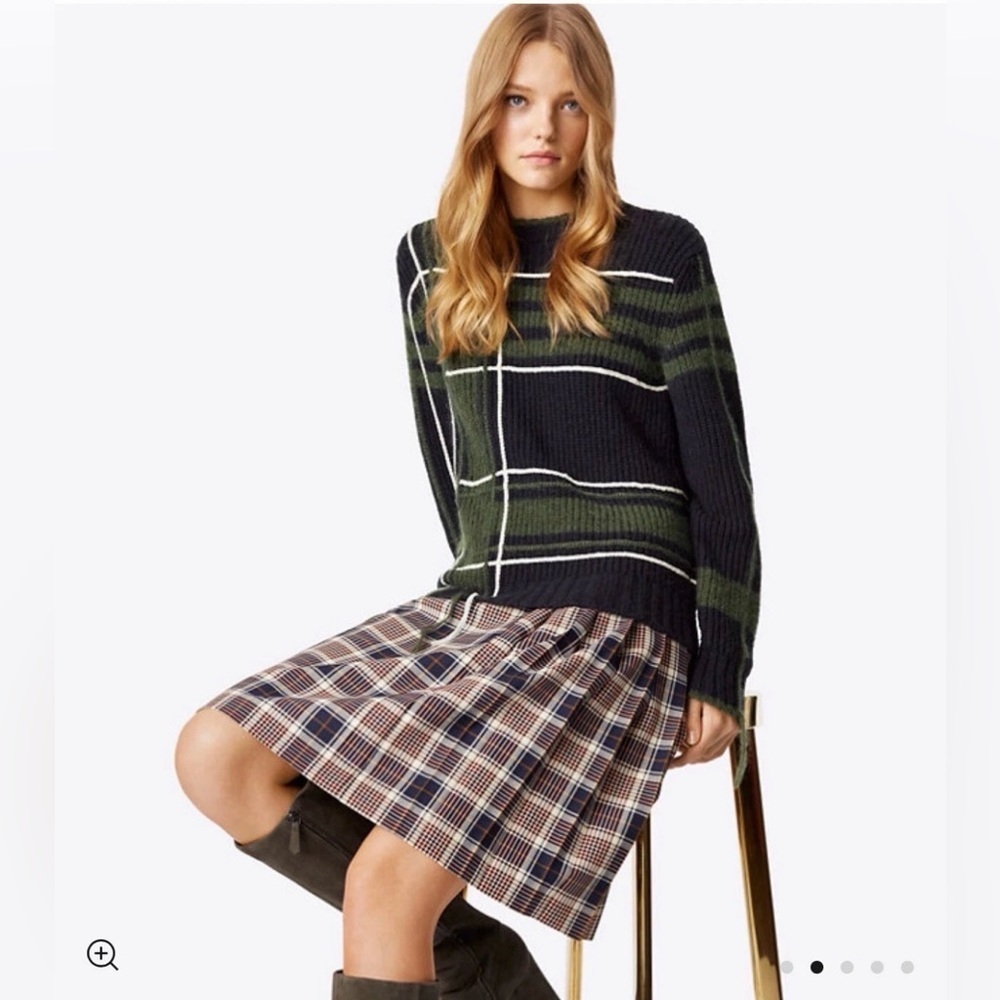 Tory Burch Eden Sweater Blue Green Plaid Fringe Wool Mohair Camel Hair S Petite